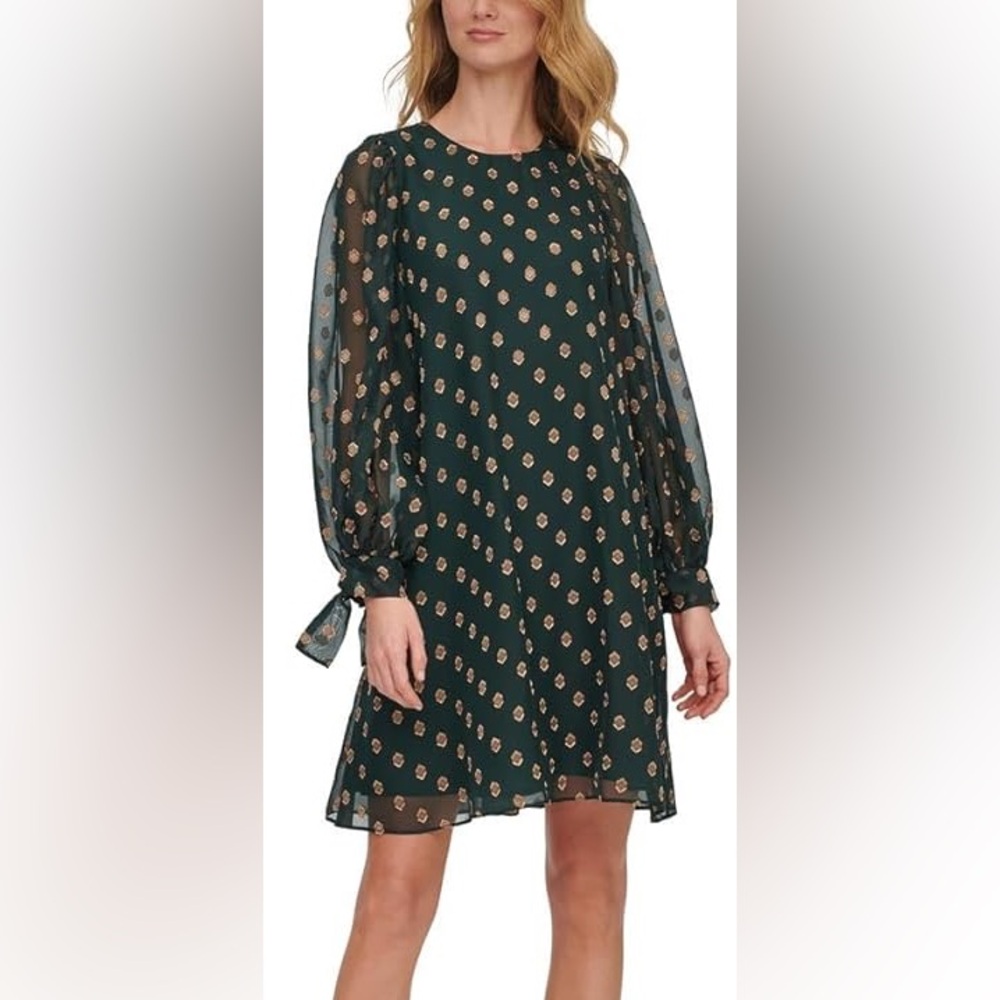 Calvin Klein green and gold clip-dot chiffon shift dress with tie cuffs